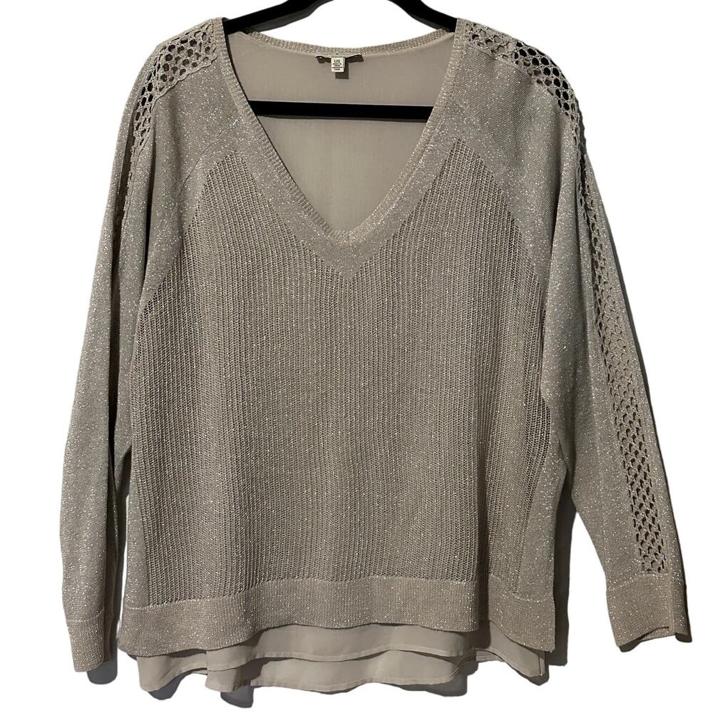Lucky Brand Women's Sz Large V Neck Knit Metallic Champagne Sweater Ivory Lined